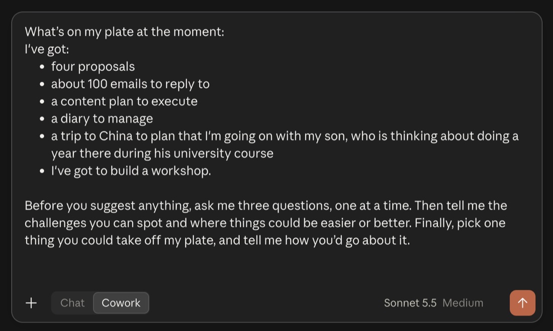 The prompt typed into Claude: four proposals, about 100 emails, a content plan, a diary, a trip to China with my son, and a workshop to build