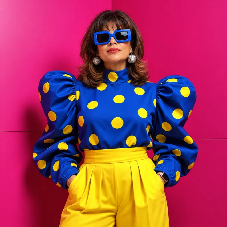 Nishma Patel-Robb in a blue and yellow polka-dot top against a hot pink wall