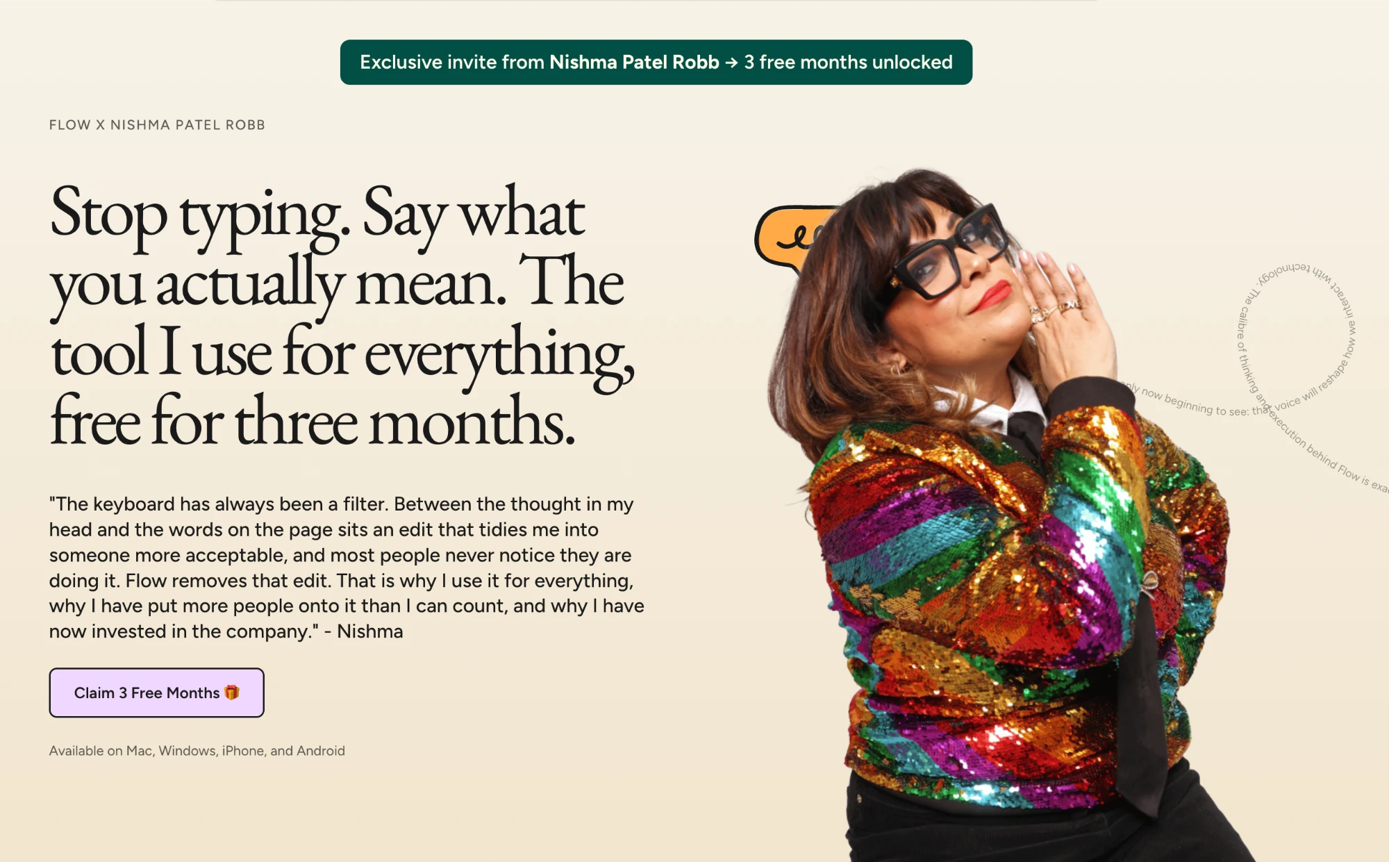 Nishma’s Wispr Flow page: stop typing, say what you actually mean